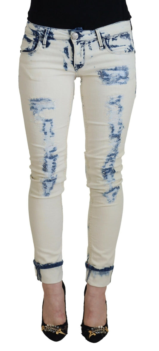 Jeans skinny in denim strappato da donna in cotone bianco e blu Acht