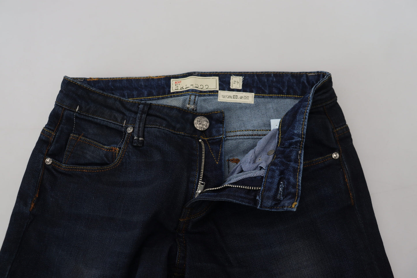 Jeans casual da donna in denim skinny a vita bassa in cotone blu Acht