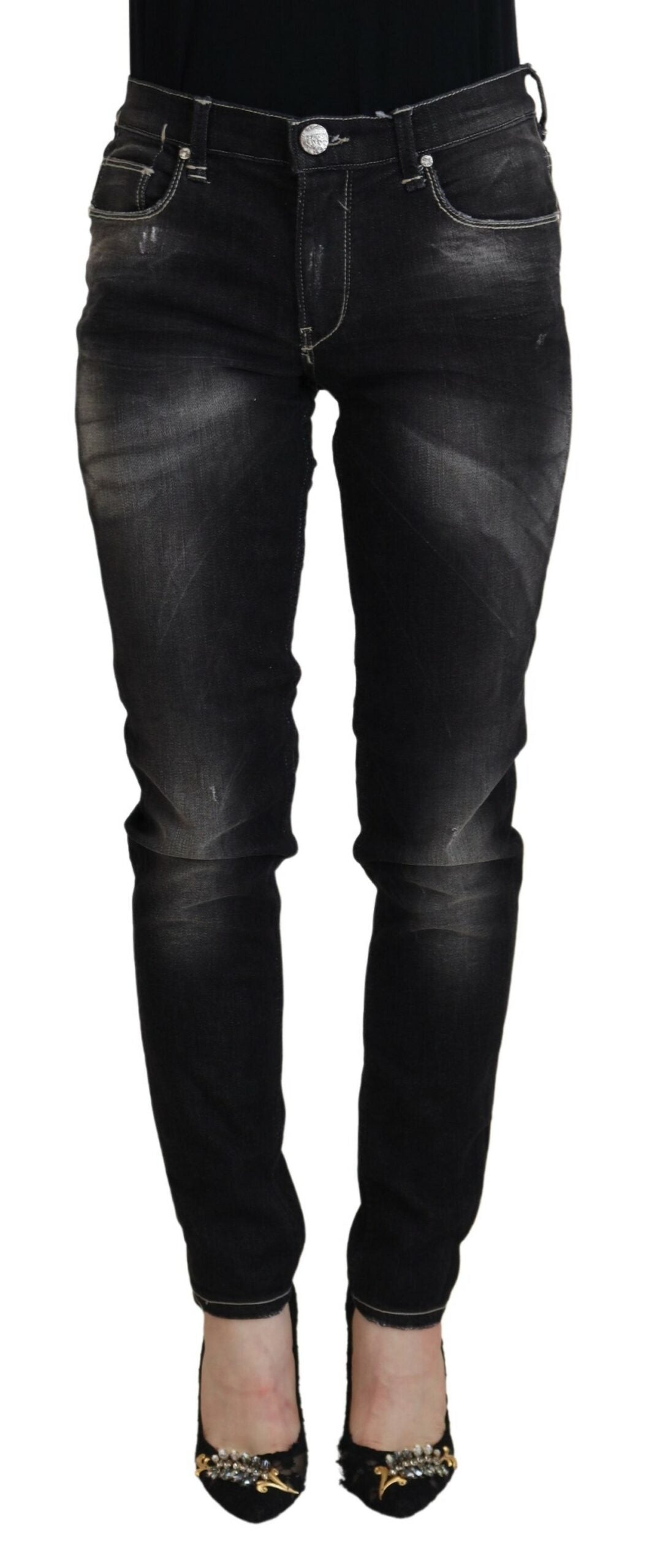 Jeans casual da donna in denim affusolato a vita media, lavati neri Acht