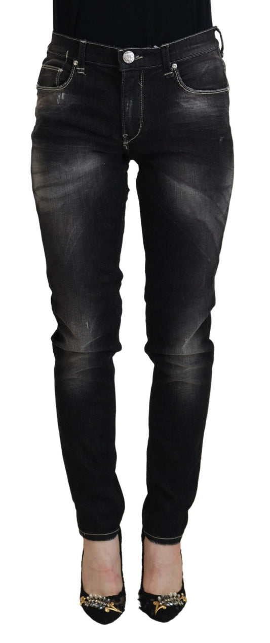Jeans casual da donna in denim affusolato a vita media, lavati neri Acht