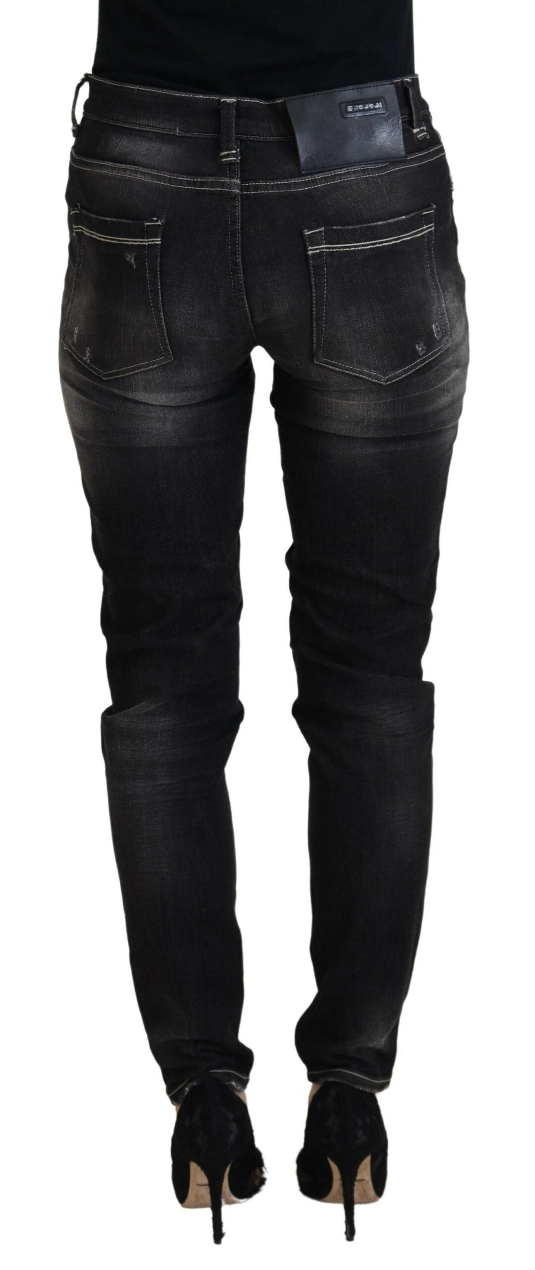 Jeans casual da donna in denim affusolato a vita media, lavati neri Acht