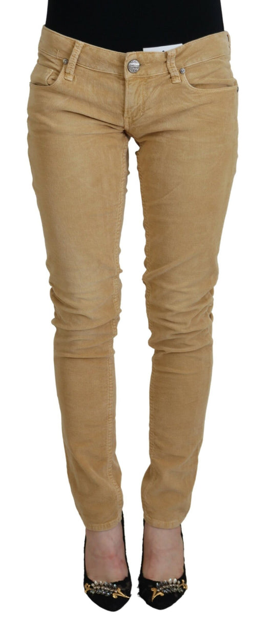 Jeans casual da donna in velluto a coste di cotone marrone chiaro a vita bassa
