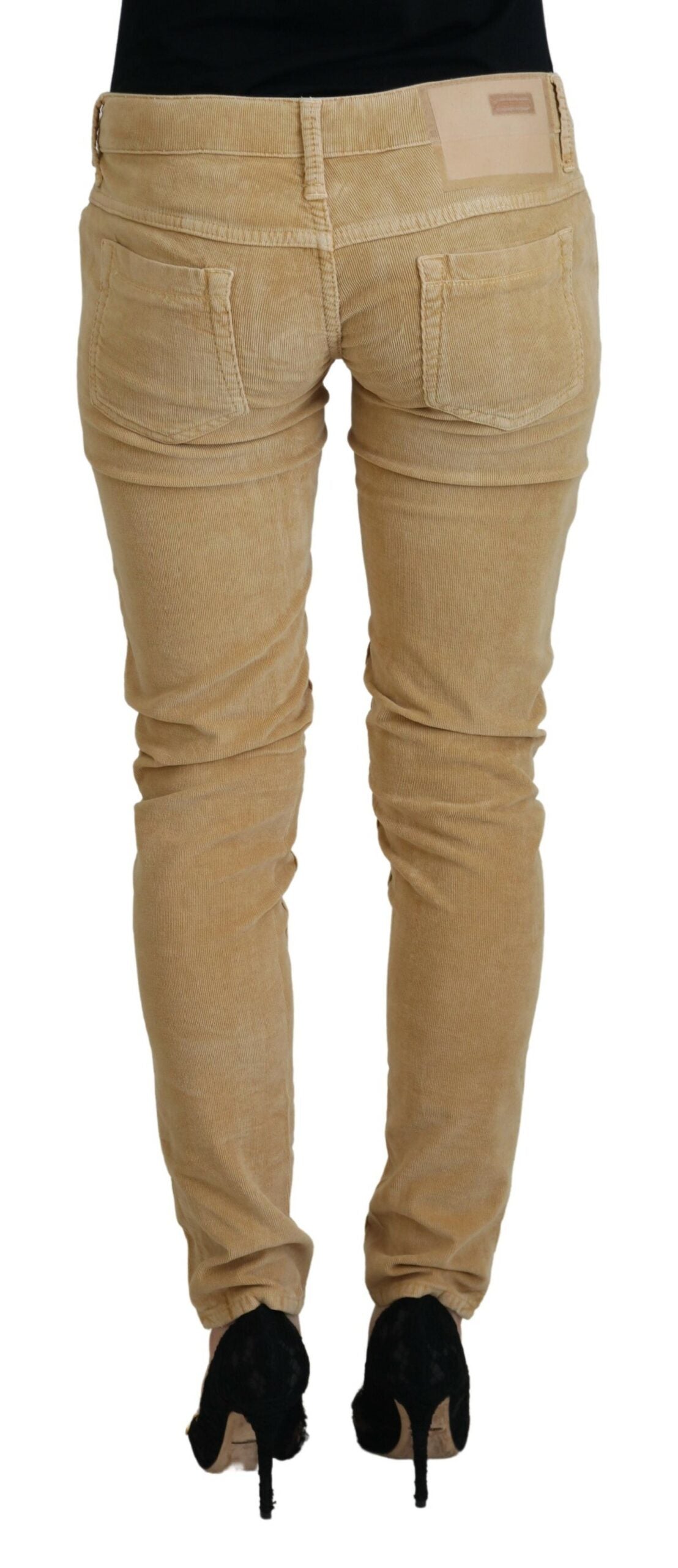 Jeans casual da donna in velluto a coste di cotone marrone chiaro a vita bassa