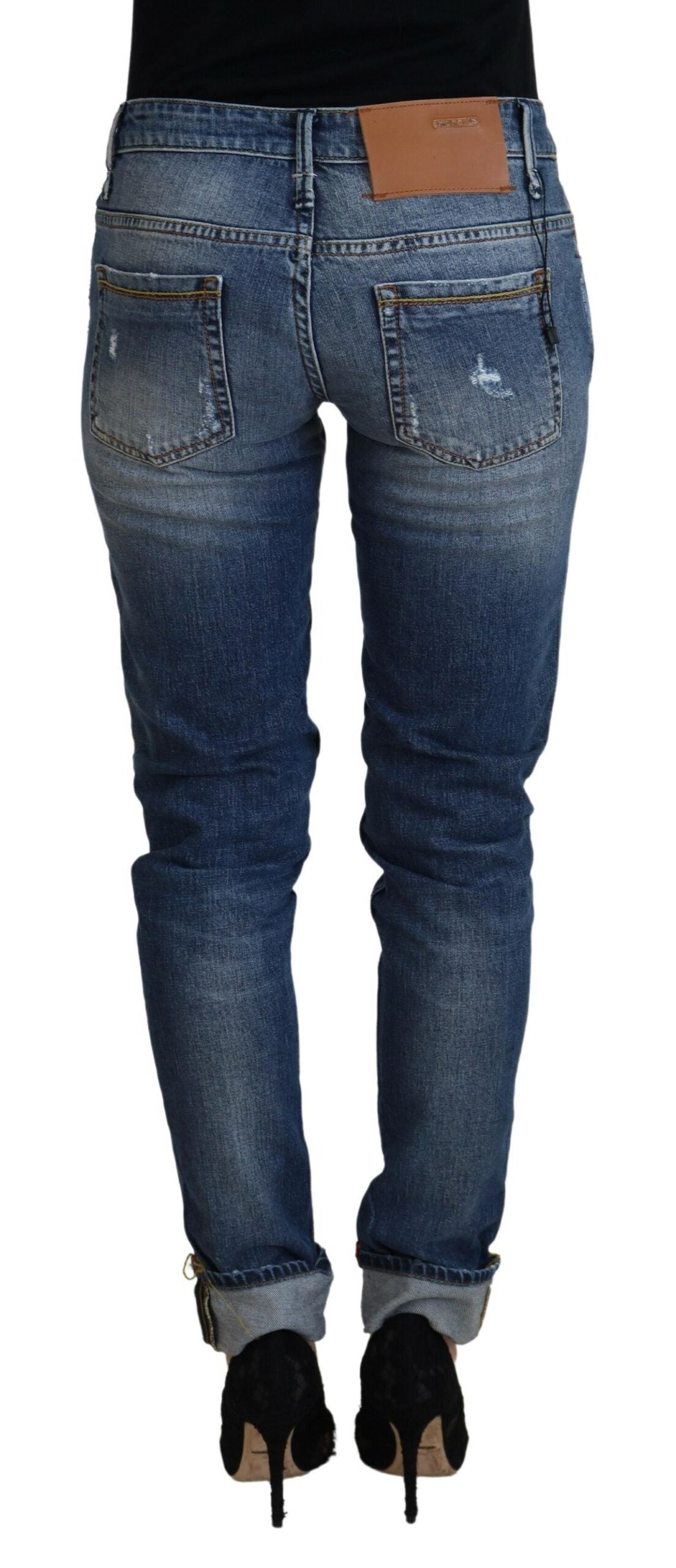 Jeans casual da donna a vita bassa in cotone lavato blu Acht