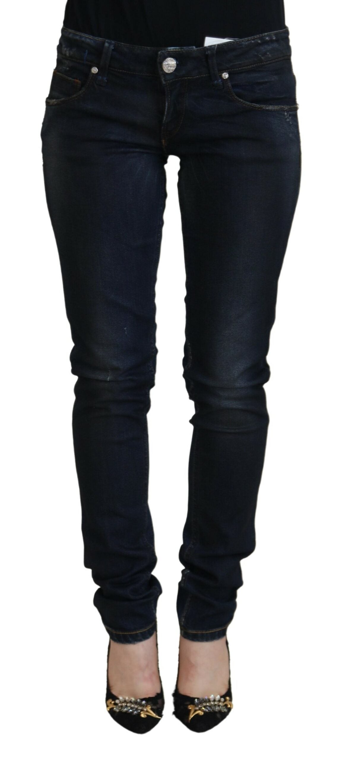 Jeans casual da donna slim fit a vita bassa in cotone blu Acht