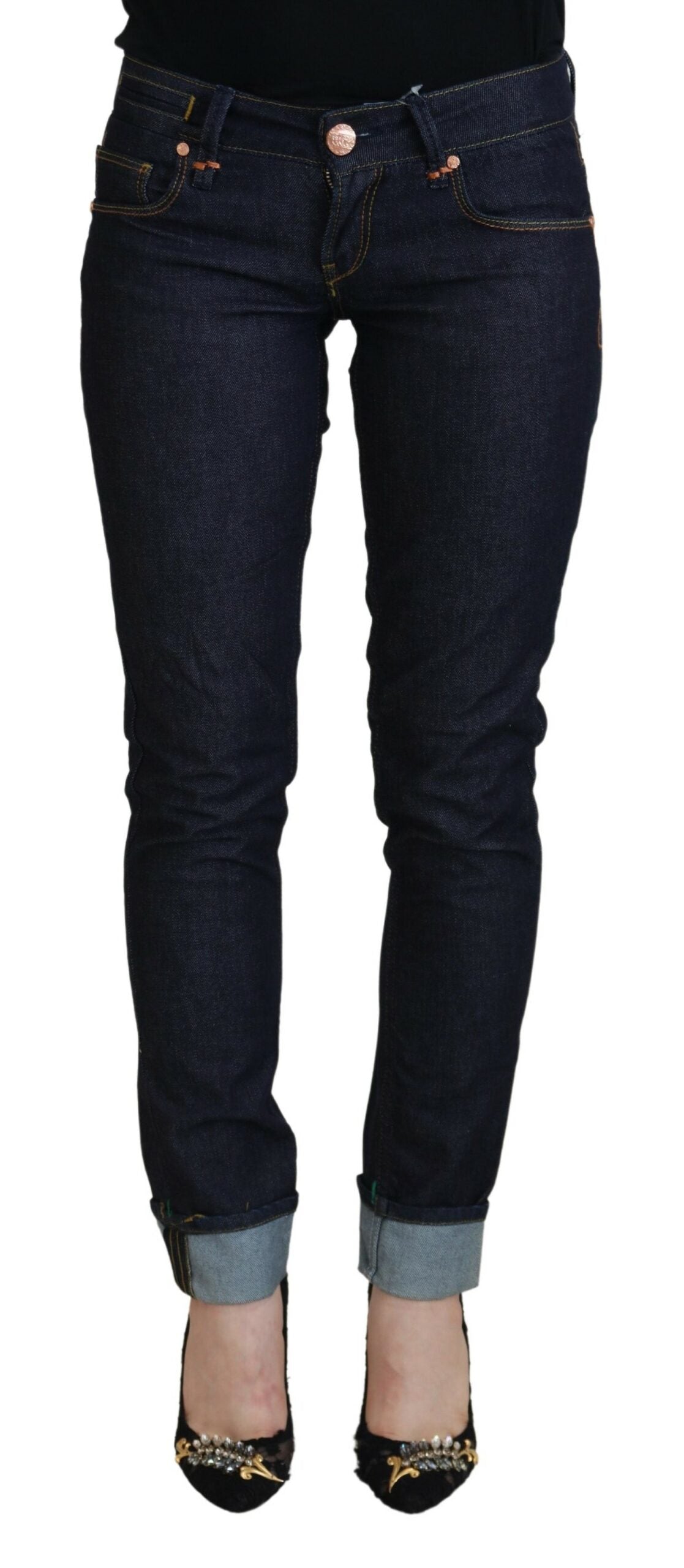 Jeans casual da donna slim fit a vita bassa in cotone blu Acht