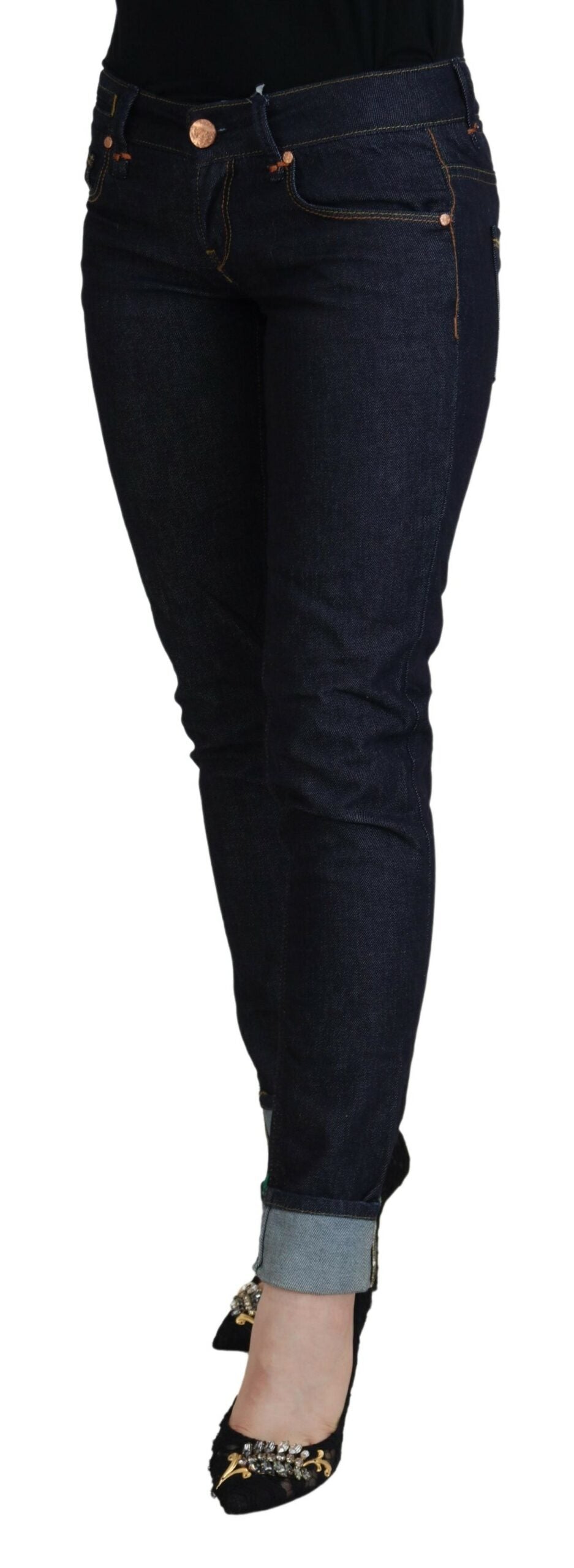 Jeans casual da donna slim fit a vita bassa in cotone blu Acht