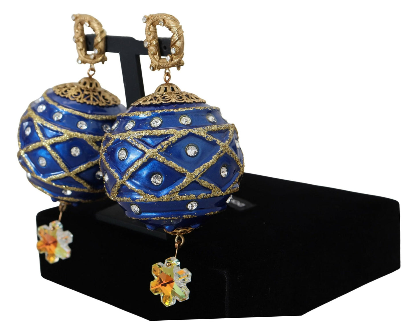 Orecchini a clip con cristalli pendenti blu in ottone dorato Dolce &amp; Gabbana