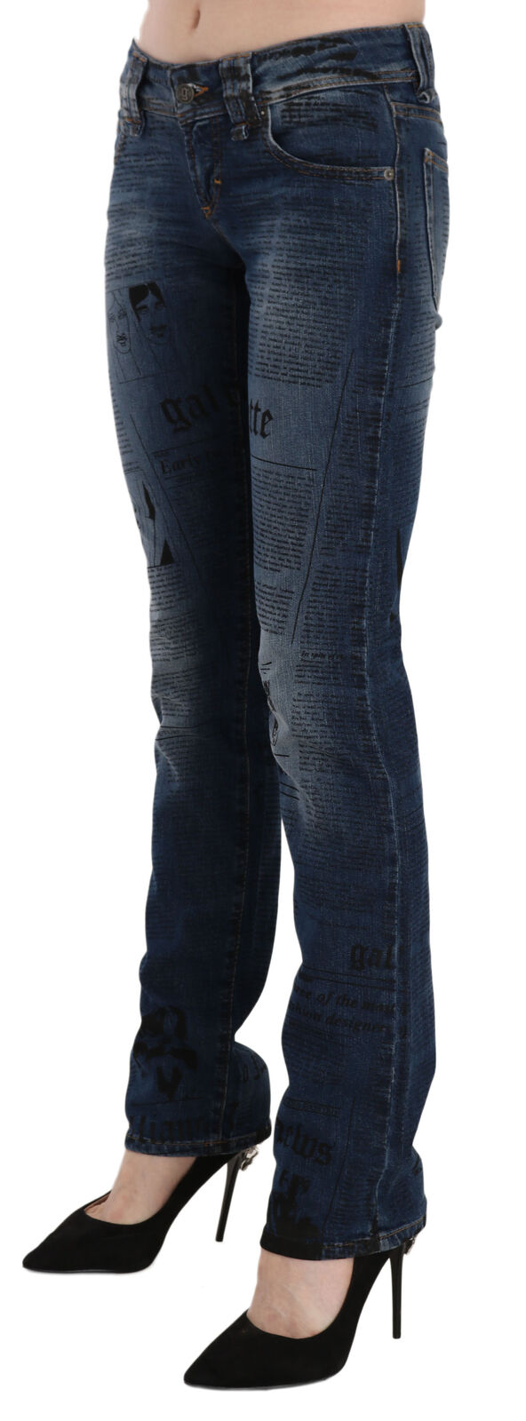 Pantaloni in denim skinny a vita bassa con stampa di giornale blu John Galliano