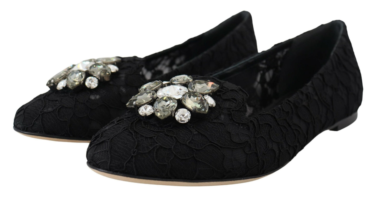 Dolce &amp; Gabbana Scarpe basse nere con pizzo Taormina e cristalli
