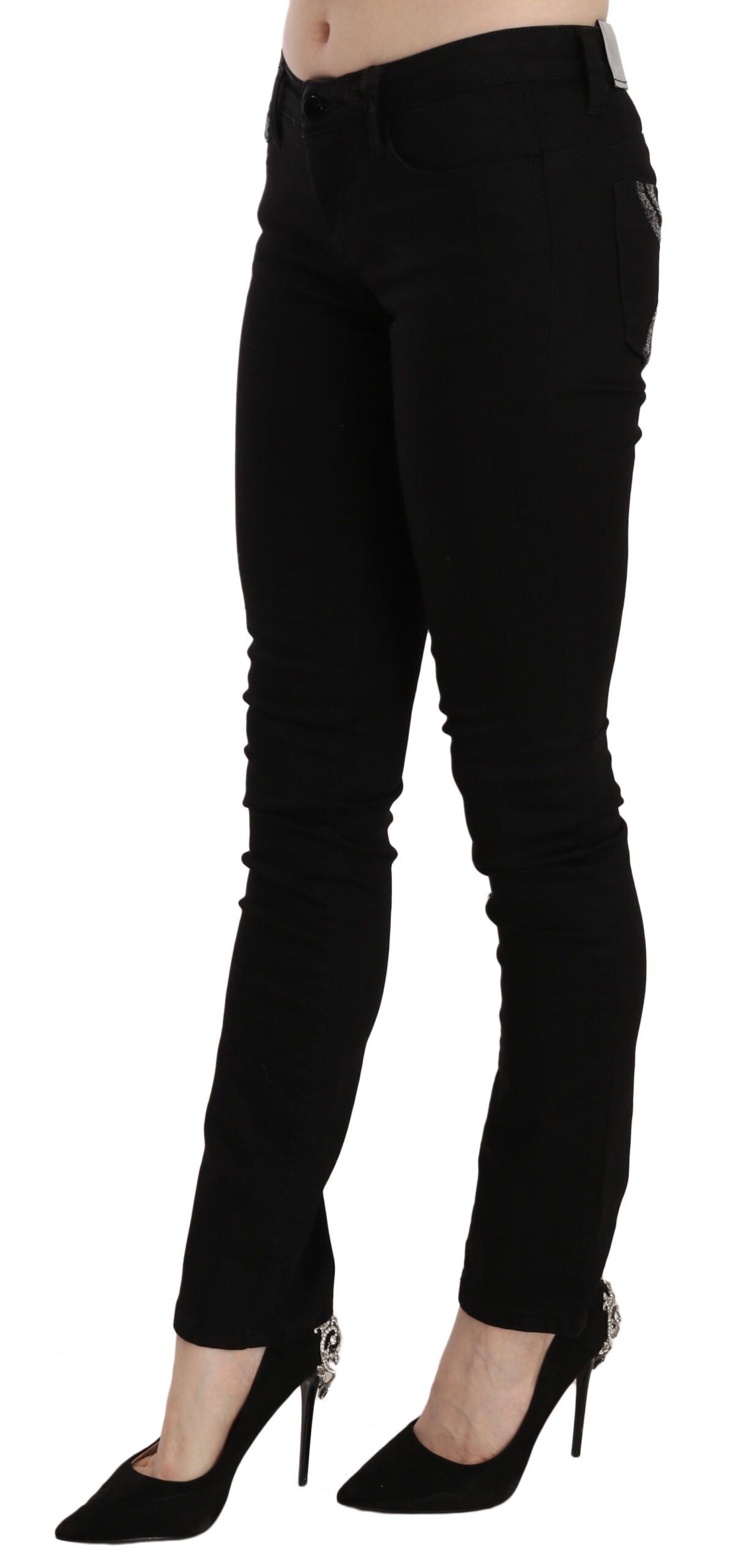 Jeans slim fit a vita media con paillettes nere di Costume National