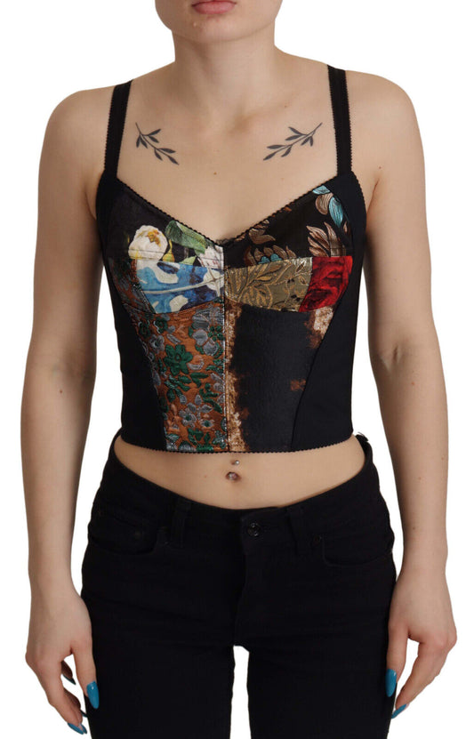 Dolce &amp; Gabbana Top corto con corsetto e camicetta Sicily in patchwork nero