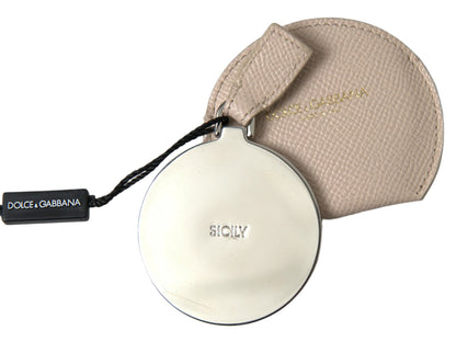 Portaspecchietto rotondo con logo Dolce &amp; Gabbana in pelle di vitello beige