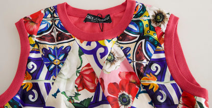 Canotta girocollo con stampa floreale multicolore in maiolica Dolce &amp; Gabbana