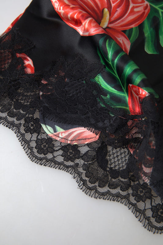 Canotta intima in seta con stampa Anthurium nera Dolce &amp; Gabbana