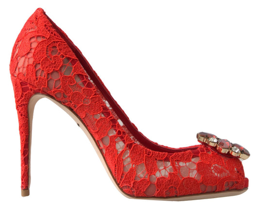 Scarpe con tacco e cristalli in pizzo rosso Taormina di Dolce &amp; Gabbana