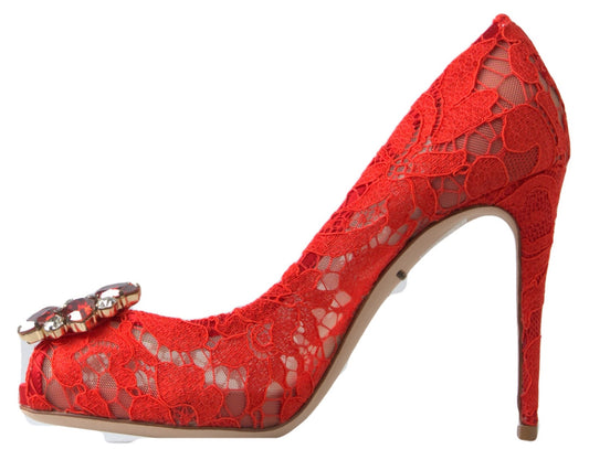Scarpe con tacco e cristalli in pizzo rosso Taormina di Dolce &amp; Gabbana