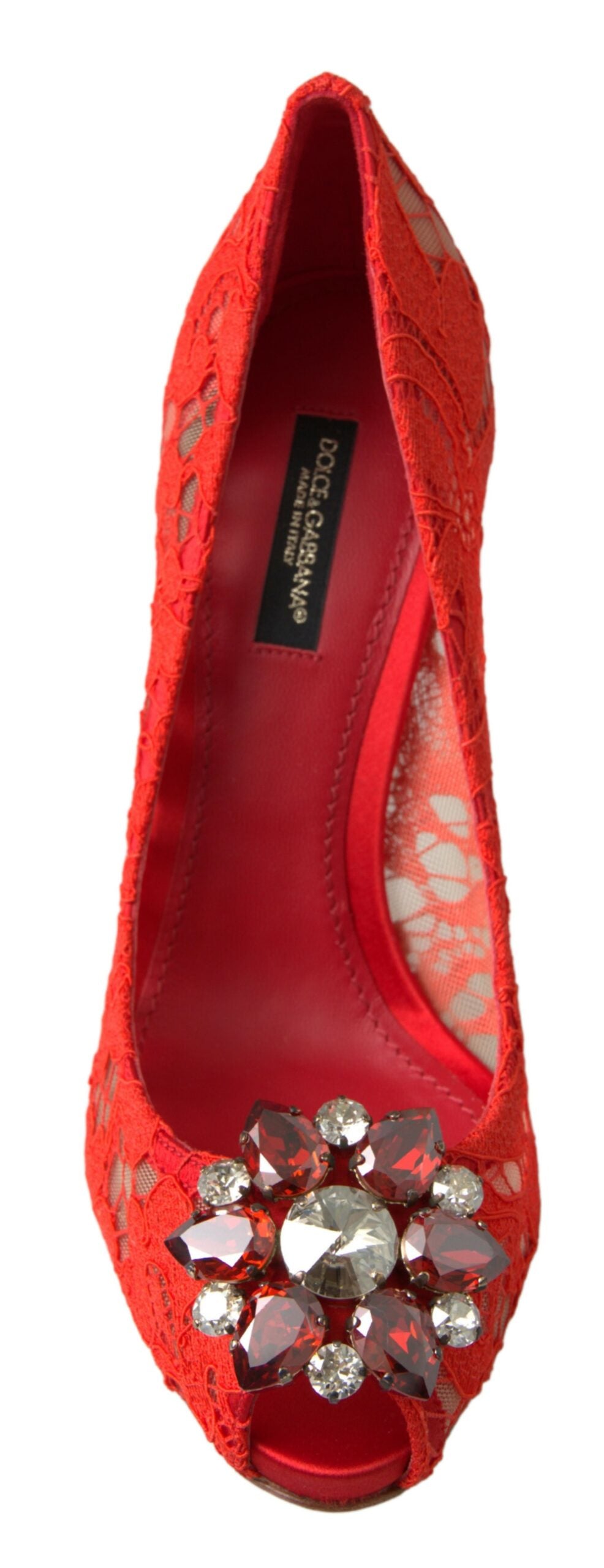 Scarpe con tacco e cristalli in pizzo rosso Taormina di Dolce &amp; Gabbana