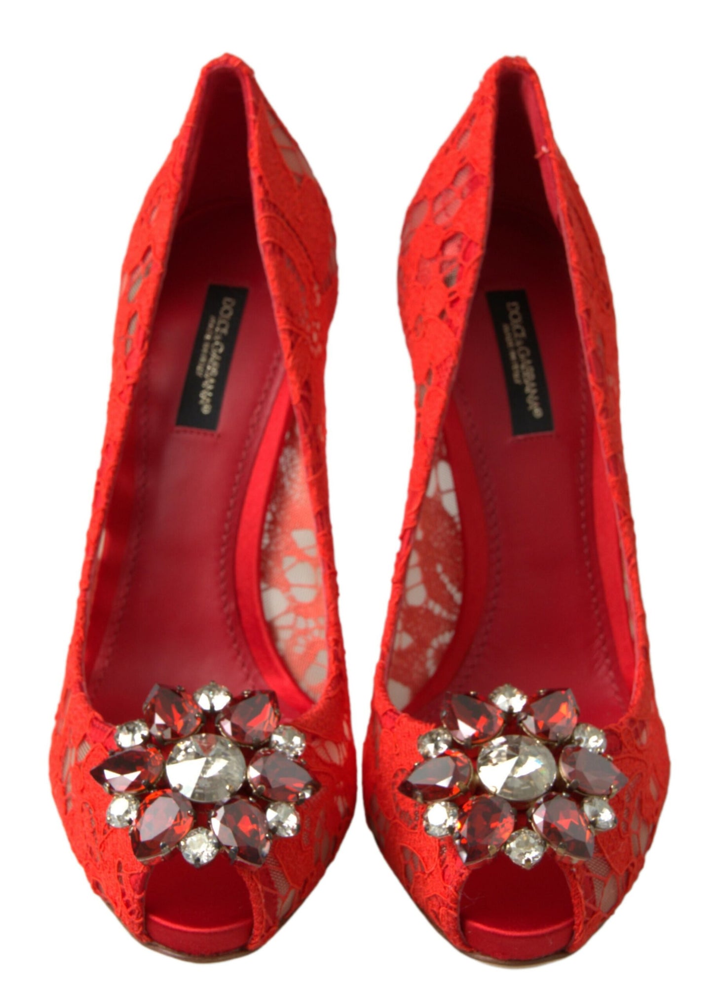 Scarpe con tacco e cristalli in pizzo rosso Taormina di Dolce &amp; Gabbana
