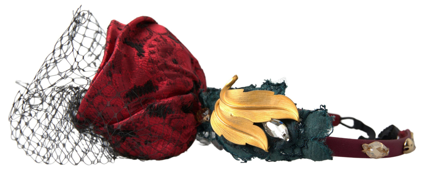 Cerchietto Dolce &amp; Gabbana rosso con logo multicolore in rete di cristalli di seta e rose