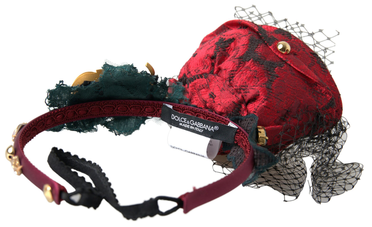 Cerchietto Dolce &amp; Gabbana rosso con logo multicolore in rete di cristalli di seta e rose