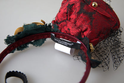 Cerchietto Dolce &amp; Gabbana rosso con logo multicolore in rete di cristalli di seta e rose