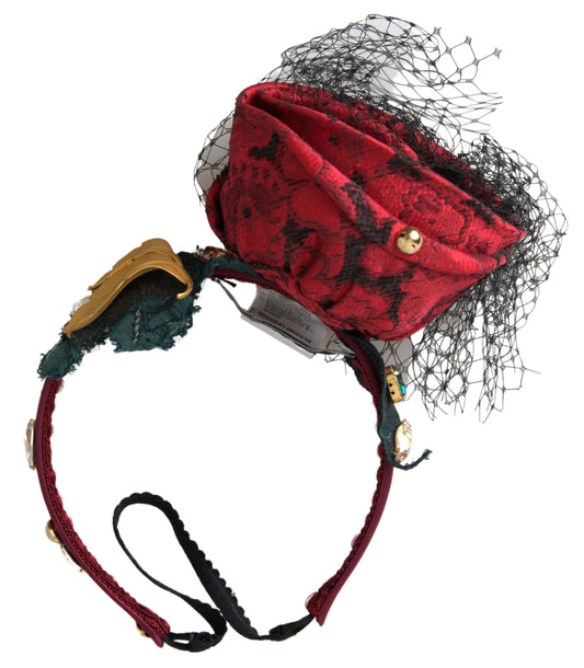 Cerchietto Dolce &amp; Gabbana rosso con logo multicolore in rete di cristalli di seta e rose