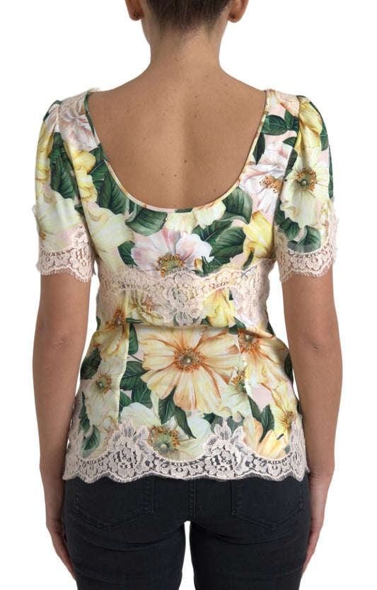 Blusa con scollo a V in pizzo floreale multicolore Dolce &amp; Gabbana