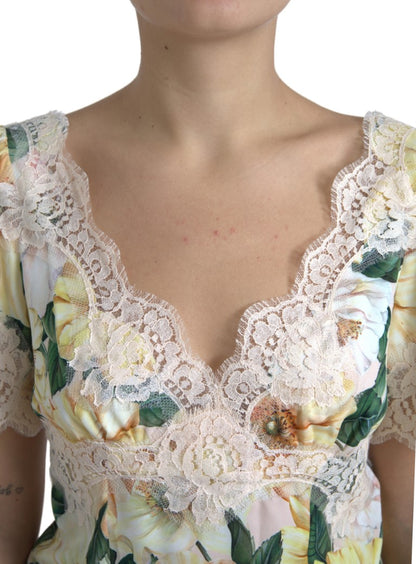 Blusa con scollo a V in pizzo floreale multicolore Dolce &amp; Gabbana