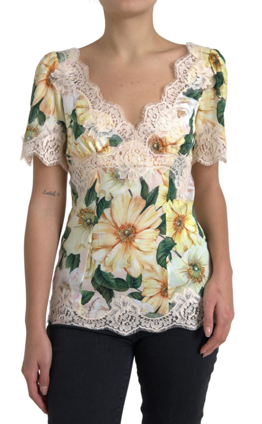 Blusa con scollo a V in pizzo floreale multicolore Dolce &amp; Gabbana