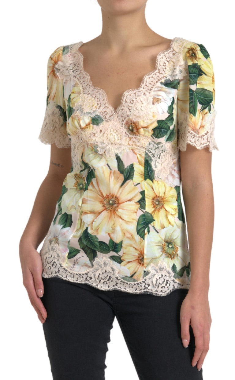 Blusa con scollo a V in pizzo floreale multicolore Dolce &amp; Gabbana