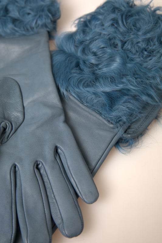 Guanti in pelle blu e pelliccia Dolce &amp; Gabbana a metà braccio