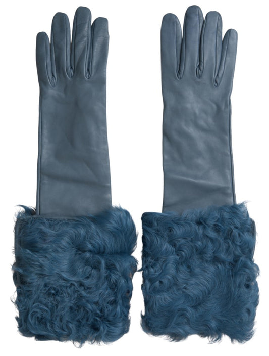 Guanti in pelle blu e pelliccia Dolce &amp; Gabbana a metà braccio