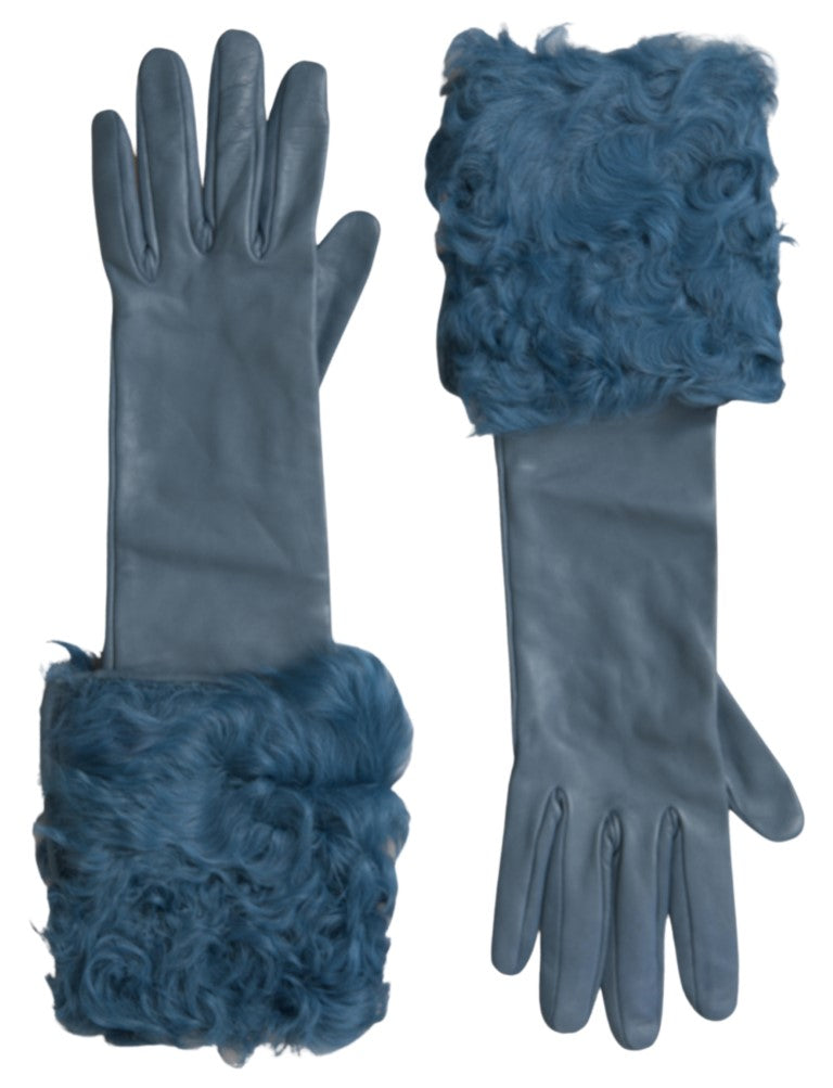 Guanti in pelle blu e pelliccia Dolce &amp; Gabbana a metà braccio