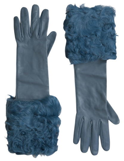 Guanti in pelle blu e pelliccia Dolce &amp; Gabbana a metà braccio