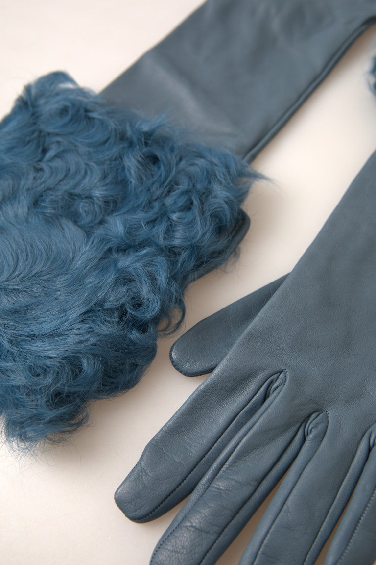 Guanti in pelle blu e pelliccia Dolce &amp; Gabbana a metà braccio