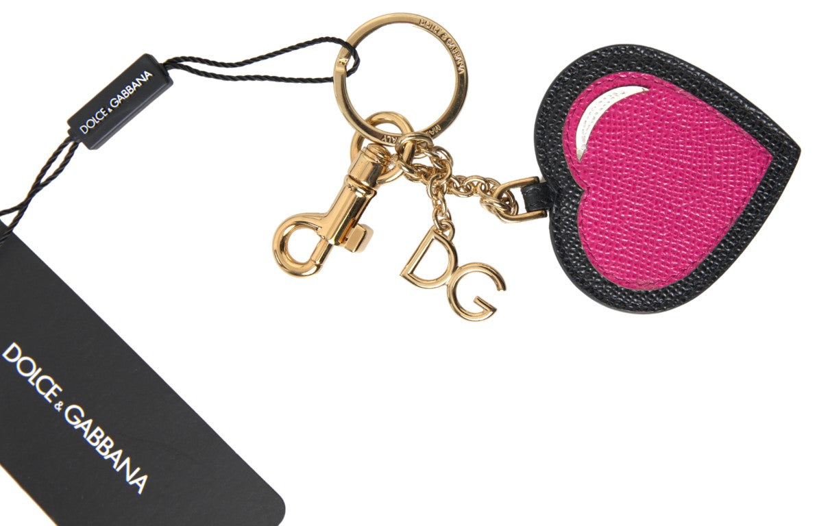 Portachiavi in ​​metallo dorato con cuore in pelle fucsia nero Dolce &amp; Gabbana