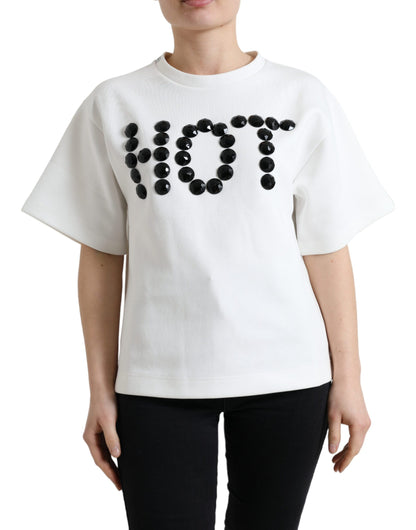 T-shirt Dolce &amp; Gabbana bianca in cotone elasticizzato nera HOT Crystal