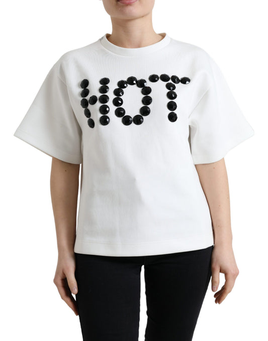 T-shirt Dolce &amp; Gabbana bianca in cotone elasticizzato nera HOT Crystal