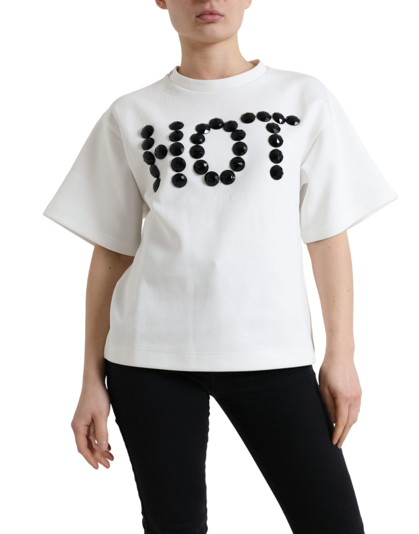 T-shirt Dolce &amp; Gabbana bianca in cotone elasticizzato nera HOT Crystal