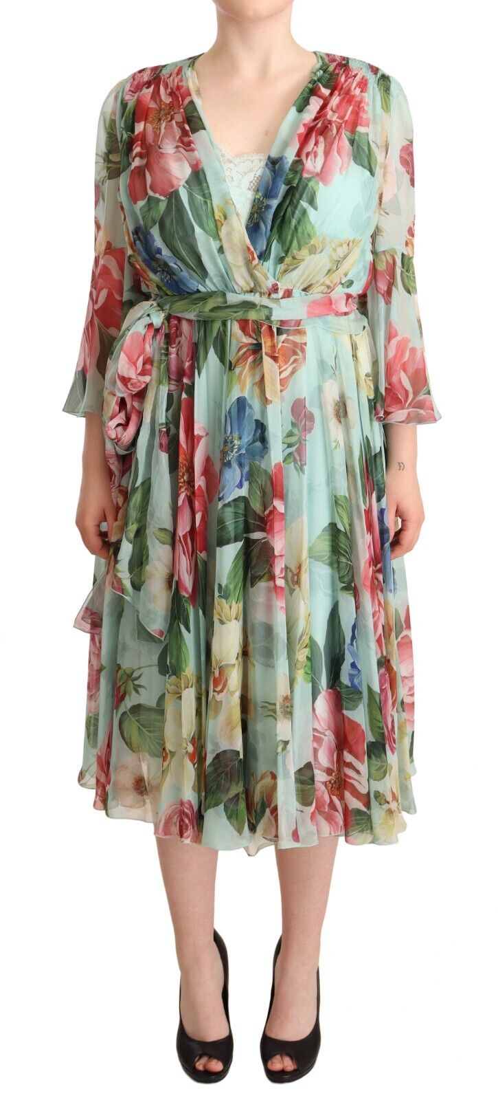 Dolce &amp; Gabbana Abito midi in seta verde floreale multicolore