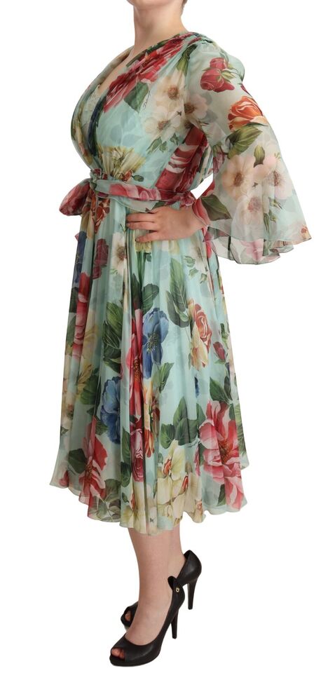 Dolce &amp; Gabbana Abito midi in seta verde floreale multicolore