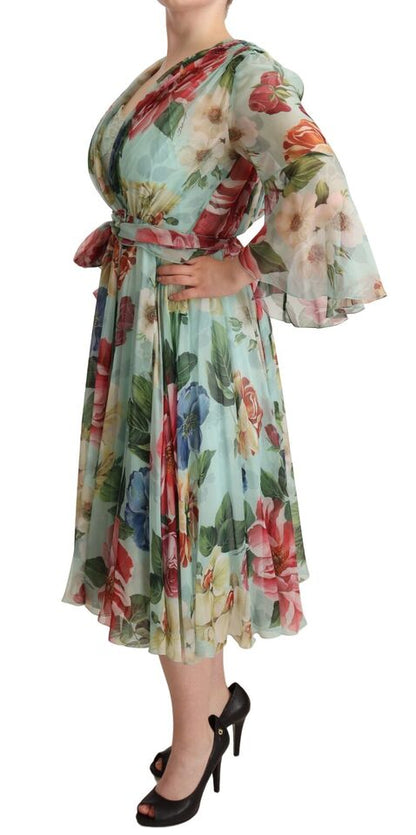 Dolce &amp; Gabbana Abito midi in seta verde floreale multicolore