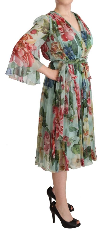 Dolce &amp; Gabbana Abito midi in seta verde floreale multicolore