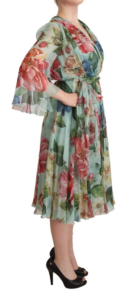 Dolce &amp; Gabbana Abito midi in seta verde floreale multicolore