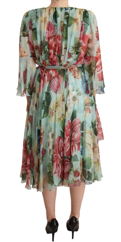 Dolce &amp; Gabbana Abito midi in seta verde floreale multicolore