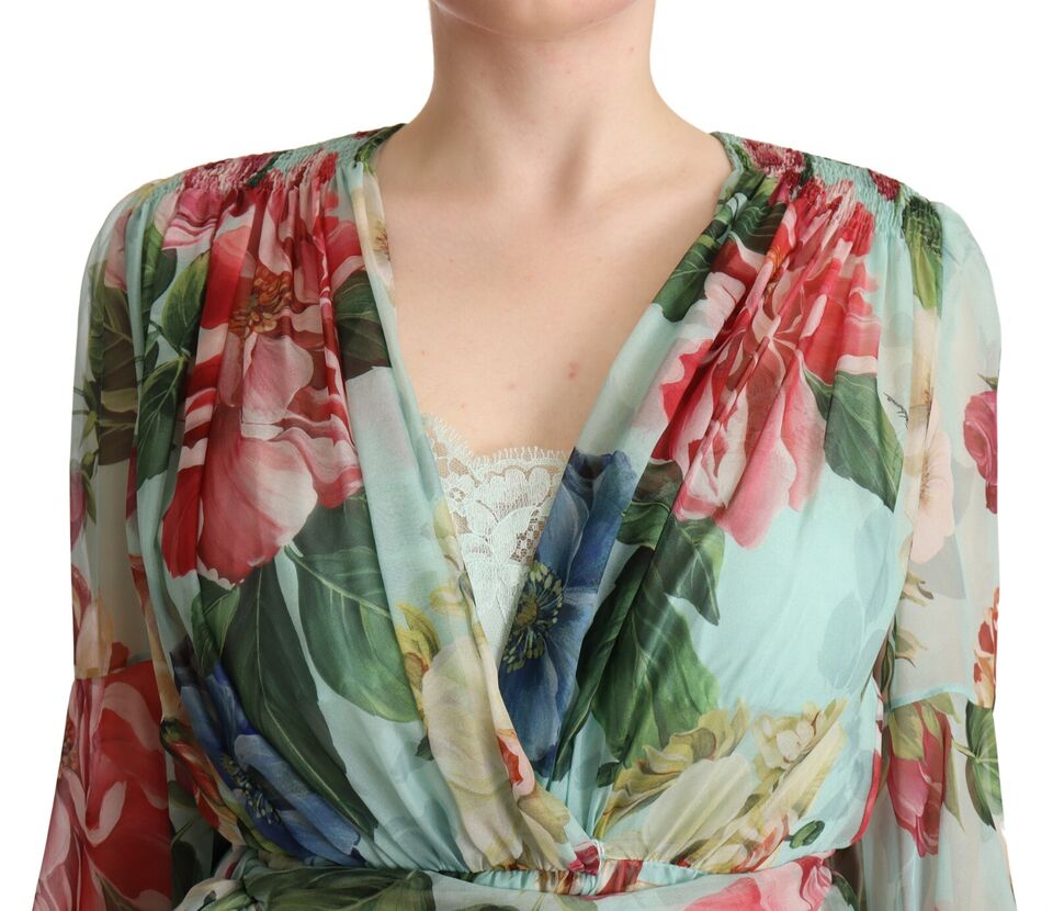 Dolce &amp; Gabbana Abito midi in seta verde floreale multicolore