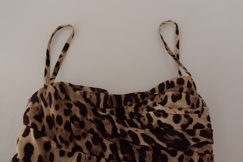 Abito midi arricciato con stampa leopardata marrone Dolce &amp; Gabbana