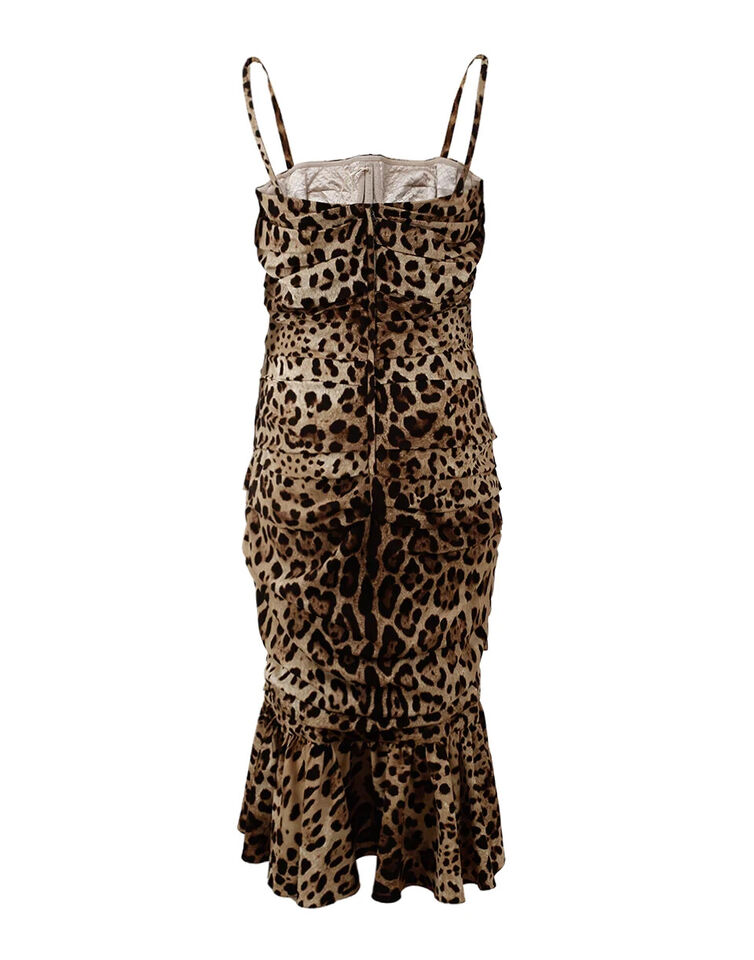 Abito midi arricciato con stampa leopardata marrone Dolce &amp; Gabbana