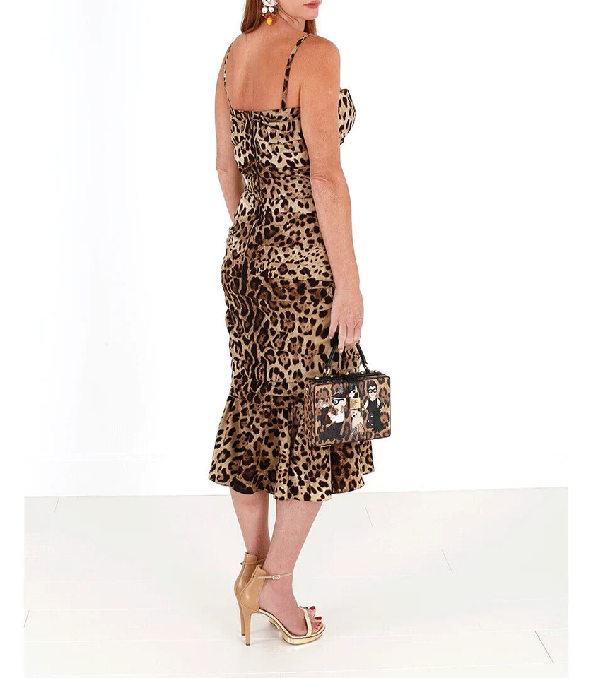 Abito midi arricciato con stampa leopardata marrone Dolce &amp; Gabbana